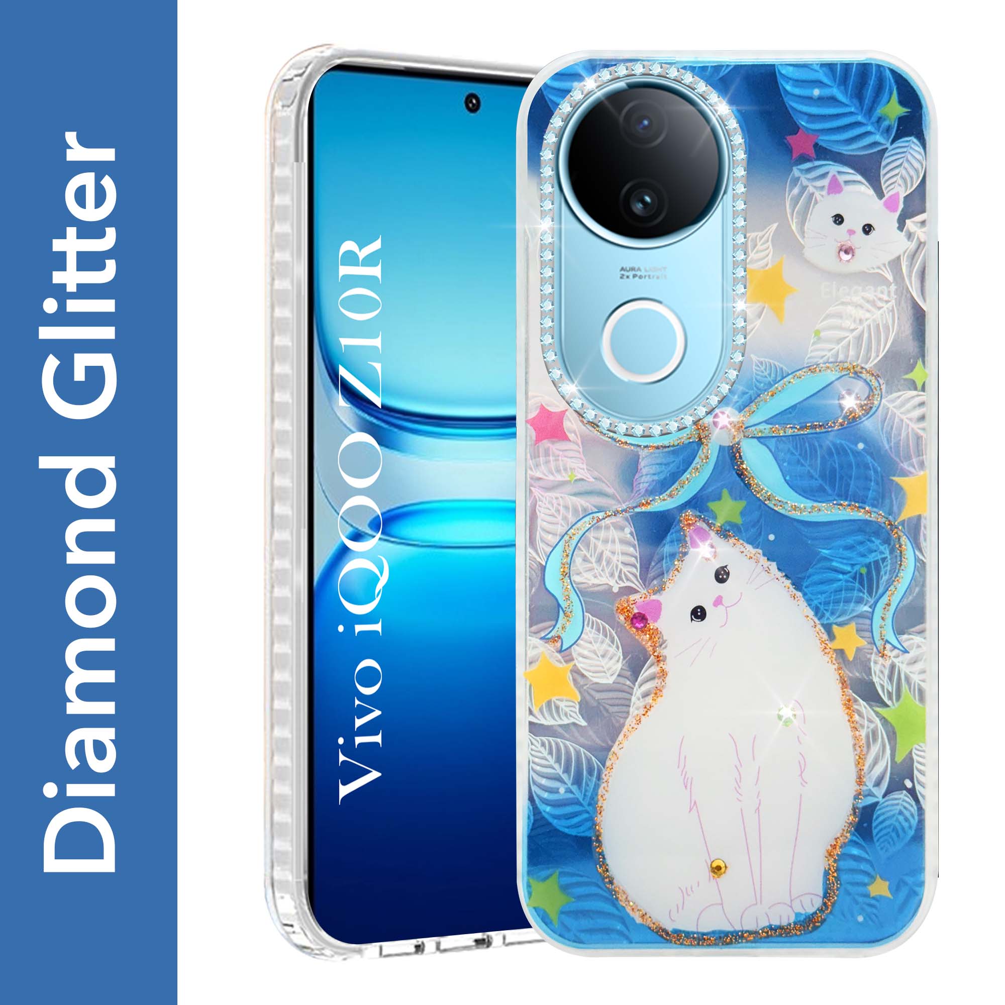 For Vivo iQOO Z10R Back Cover Case (Luxury Floral Glitter Cute Butterfly | Diamond Studded Camera Bump | Girls & Women Design)