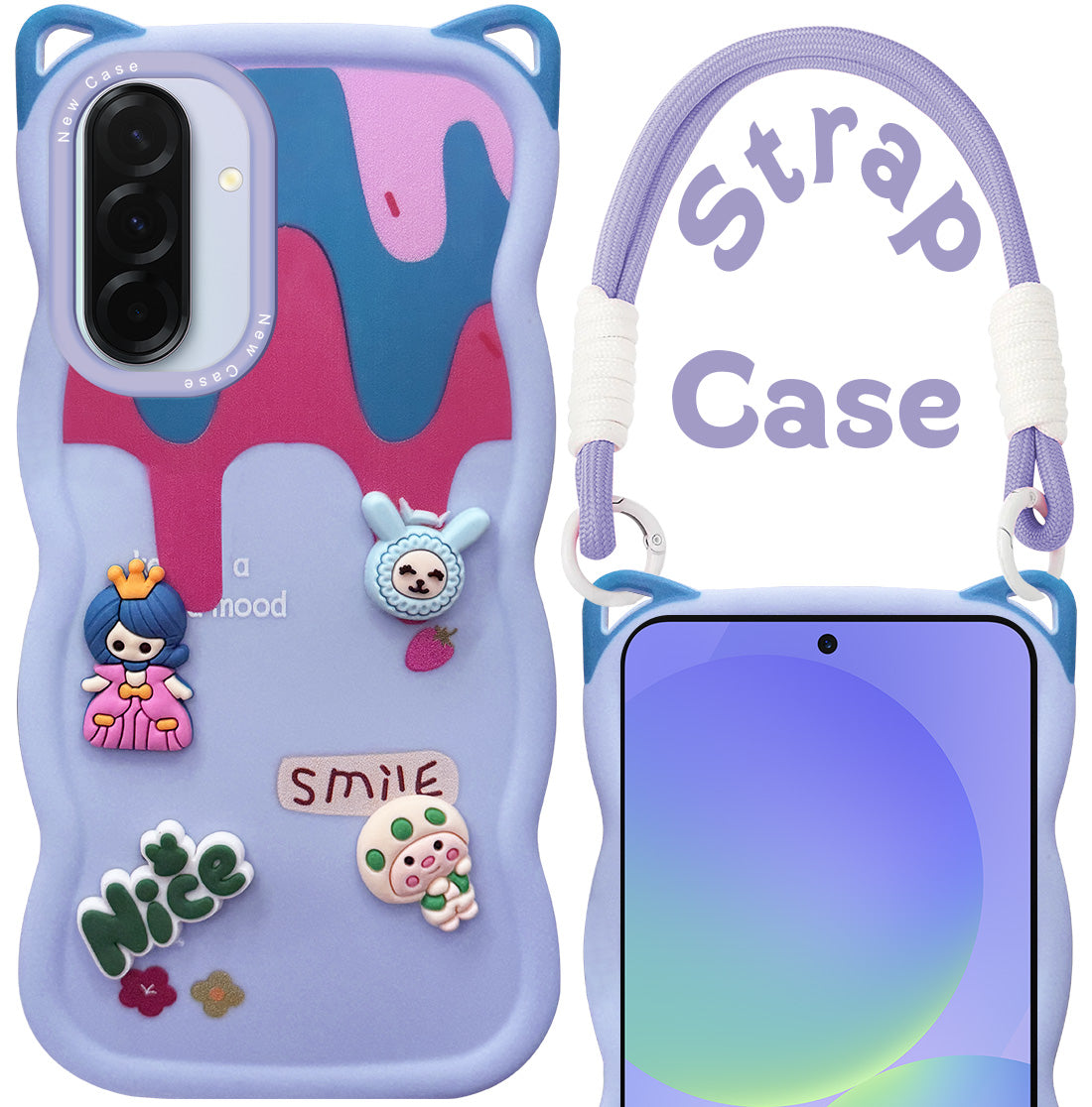 For Samsung Galaxy A36 5G Back Case Cover Strap (3D embossed Figures | Strap Holder | 360* Soft Cushion with Camera Bump)