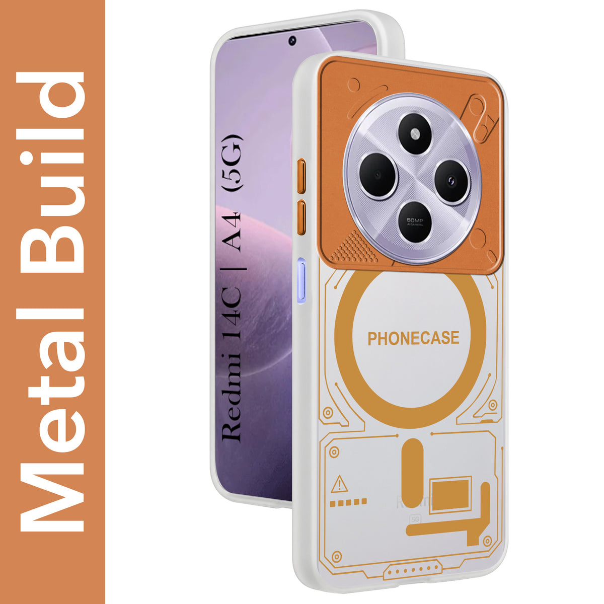 For Redmi A4 5G | Xiaomi Redmi 14C Metallic Back Cover Case (Metallic Camera Protection & Buttons | Translucent Milky Shade | Hard Polycarbonate)