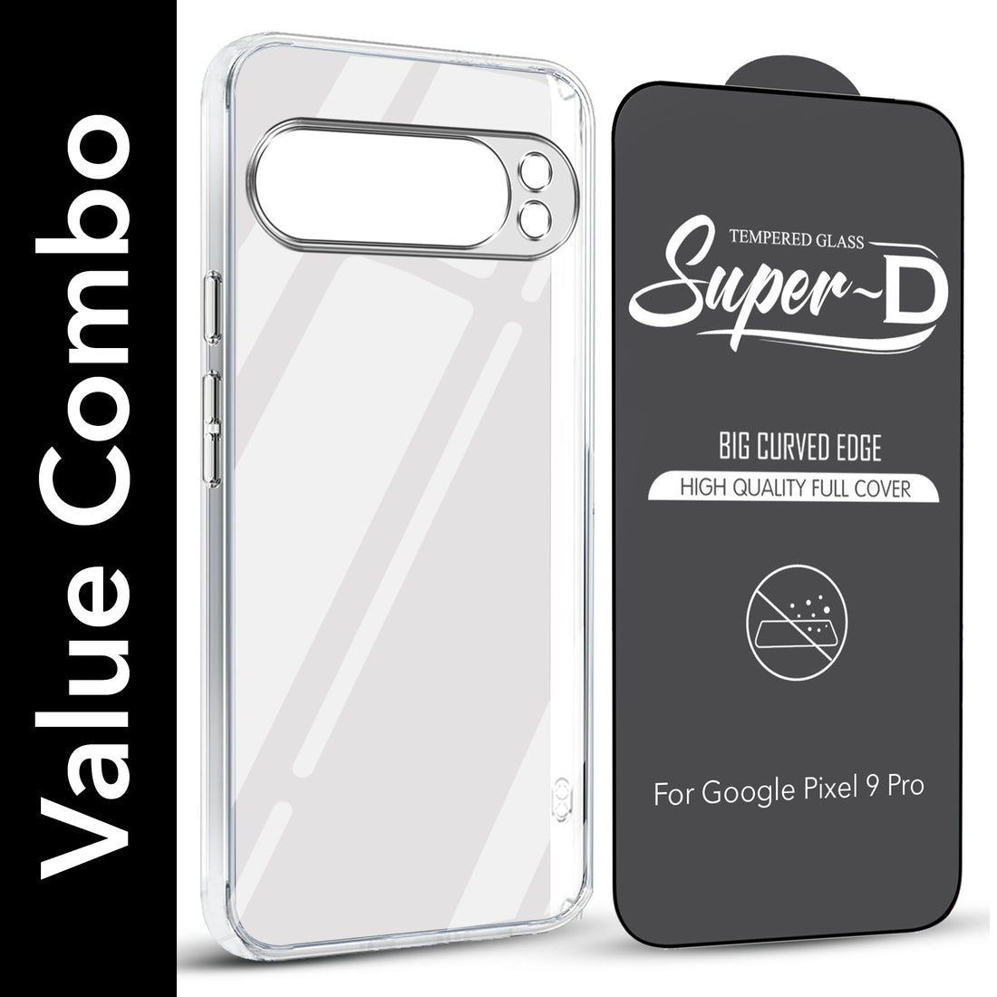 For Google Pixel 9 Pro Combo with Back Cover and 9H Tempered Glass (Lifetime Anti-Yellow | Sleek Hard Crystal | Oleophobic Coating Screen Glass)