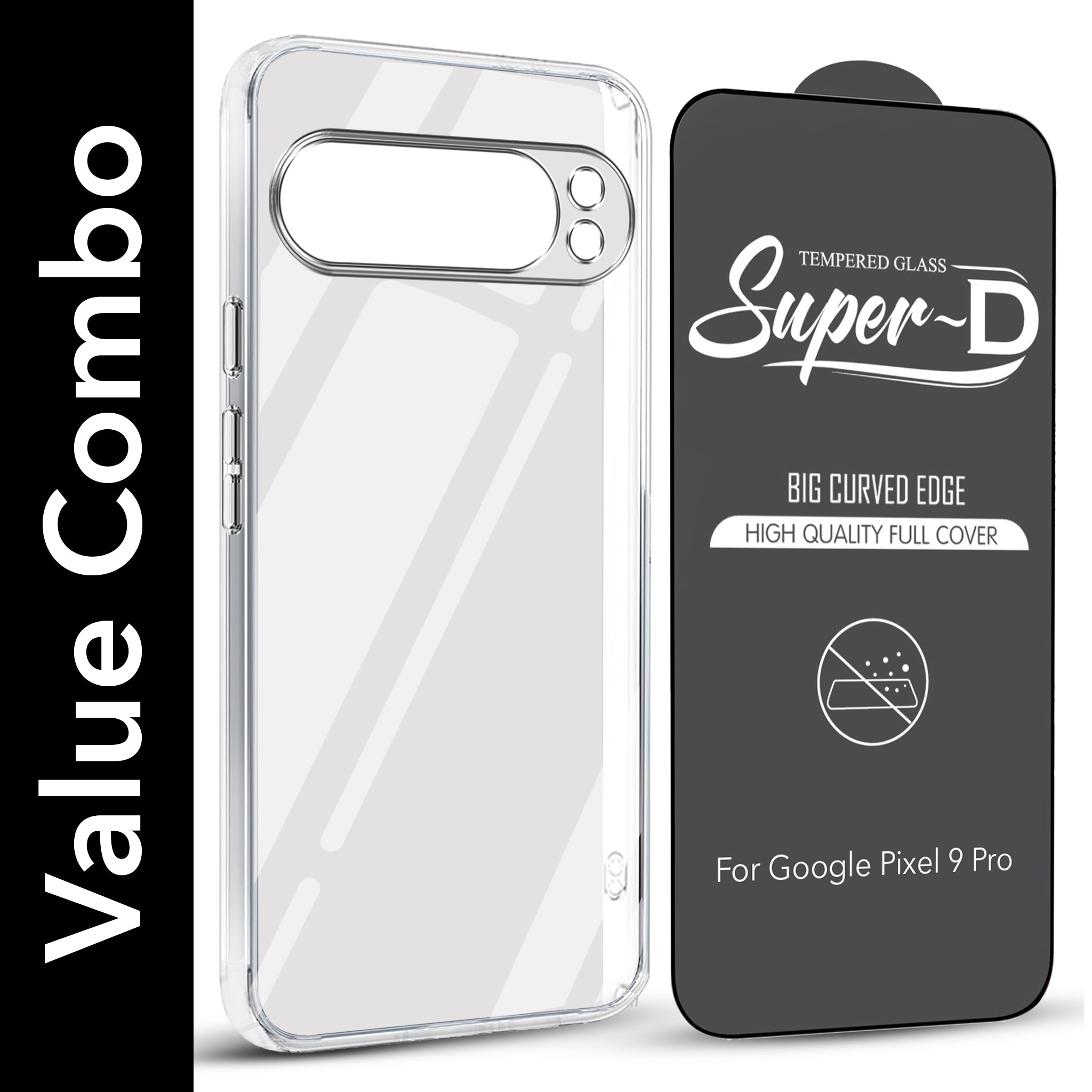 For Google Pixel 9 Pro Combo with Back Cover and 9H Tempered Glass (Lifetime Anti-Yellow | Sleek Hard Crystal | Oleophobic Coating Screen Glass)