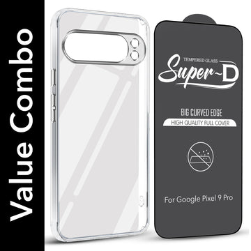For Google Pixel 9 Pro Combo with Back Cover and 9H Tempered Glass (Lifetime Anti-Yellow | Sleek Hard Crystal | Oleophobic Coating Screen Glass)