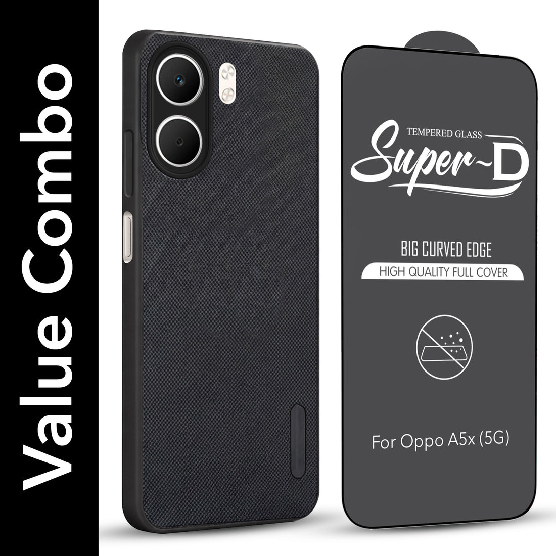 For Oppo A5X Combo with Back Cover and 9H Tempered Glass (Textured Grip Design | Micro-Fiber Cloth Inside | Oleophobic Coating Screen Glass)