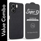 For Oppo A5X Combo with Back Cover and 9H Tempered Glass (Textured Grip Design | Micro-Fiber Cloth Inside | Oleophobic Coating Screen Glass)