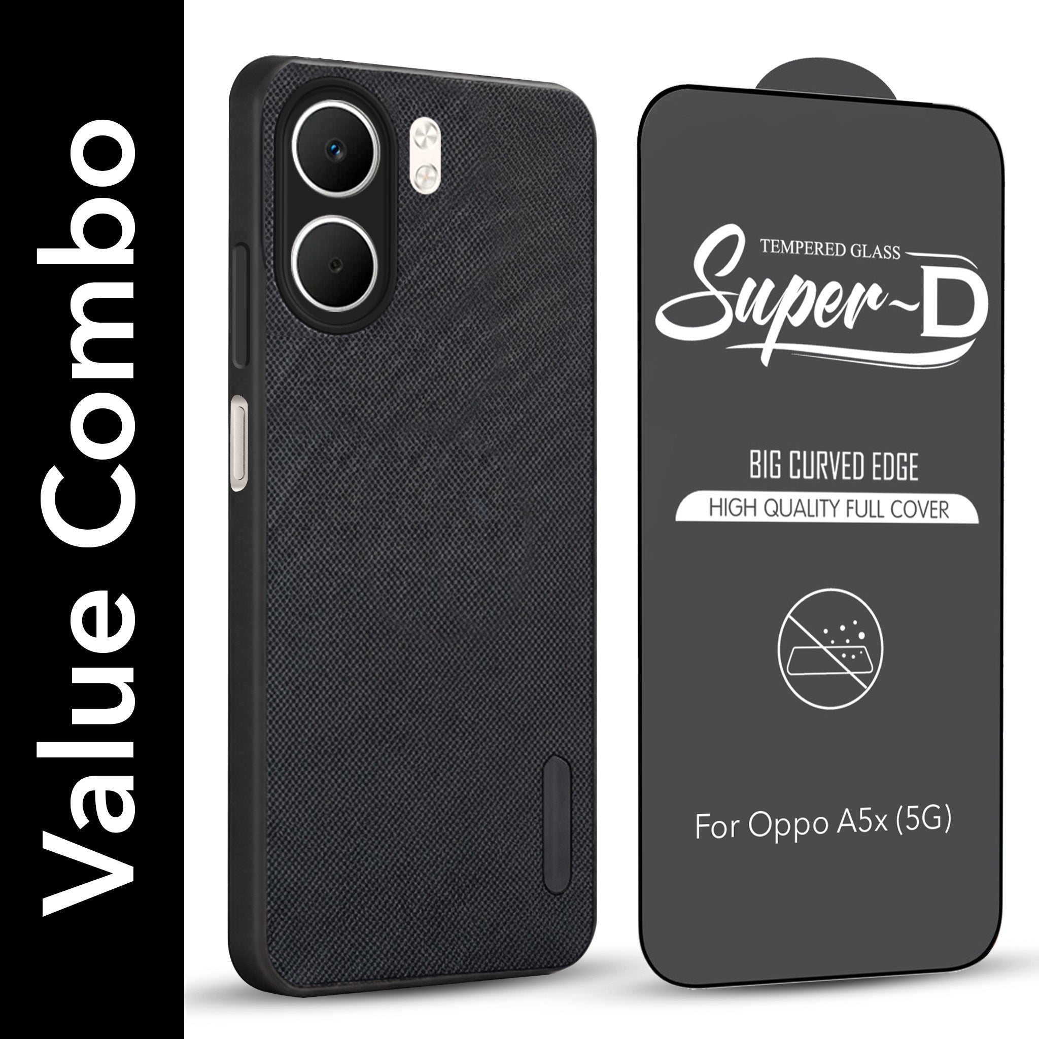 For Oppo A5X Combo with Back Cover and 9H Tempered Glass (Textured Grip Design | Micro-Fiber Cloth Inside | Oleophobic Coating Screen Glass)