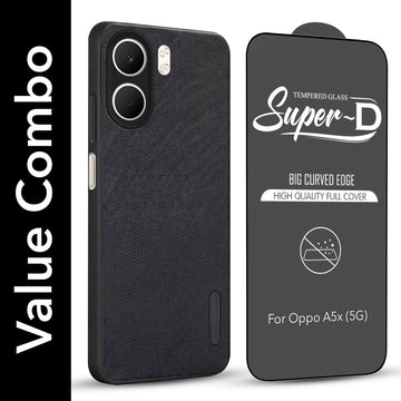 For Oppo A5X Combo with Back Cover and 9H Tempered Glass (Textured Grip Design | Micro-Fiber Cloth Inside | Oleophobic Coating Screen Glass)