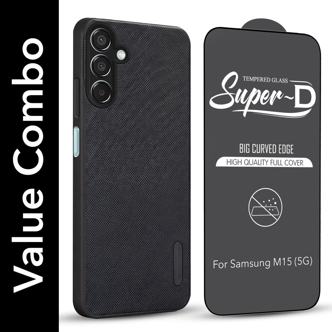 For Samsung Galaxy M15 5G Combo with Back Cover and 9H Tempered Glass (Textured Grip Design | Micro-Fiber Cloth Inside | Oleophobic Coating Screen Glass)