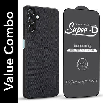 For Samsung Galaxy M15 5G Combo with Back Cover and 9H Tempered Glass (Textured Grip Design | Micro-Fiber Cloth Inside | Oleophobic Coating Screen Glass)