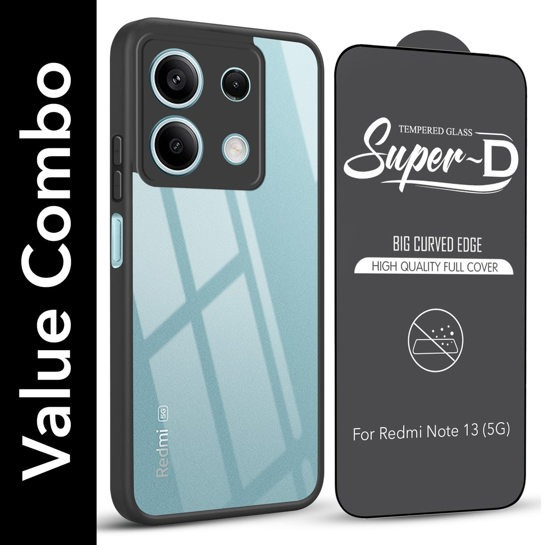 For Xiaomi Redmi Note 13 5G Combo with Back Cover and 9H Tempered Glass (Lifetime Anti-Yellow | Crystal Clear Shockproof | Oleophobic Coating Screen Glass)