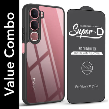 For Vivo Y31 5G Combo with Back Cover and 9H Tempered Glass (Lifetime Anti-Yellow | Crystal Clear Shockproof | Oleophobic Coating Screen Glass)