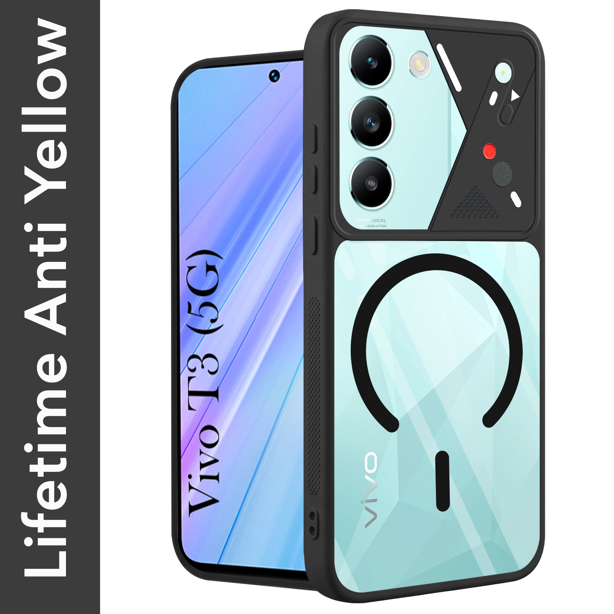 For Vivo T3 5G Back Cover Case Lifetime Anti-Yellow Clear (Camera Protection | Side Grip | Wireless MagSafe Compatible)