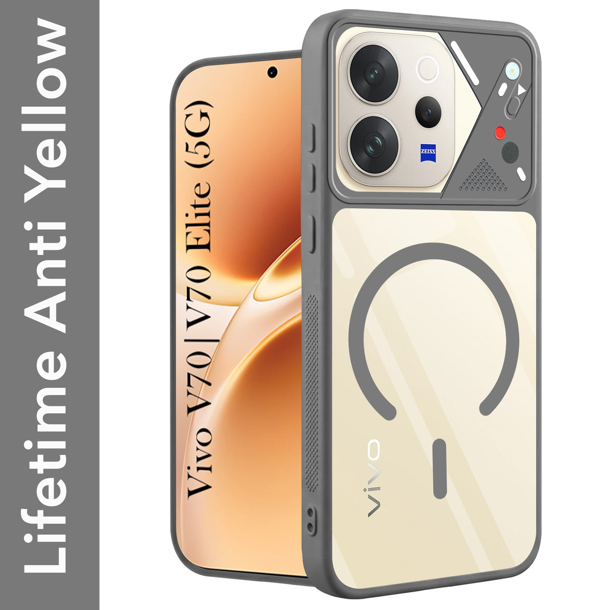 For Vivo V70 | Vivo V70 Elite 5G Back Cover Case Lifetime Anti-Yellow Clear (Camera Protection | Side Grip | Wireless MagSafe Compatible)