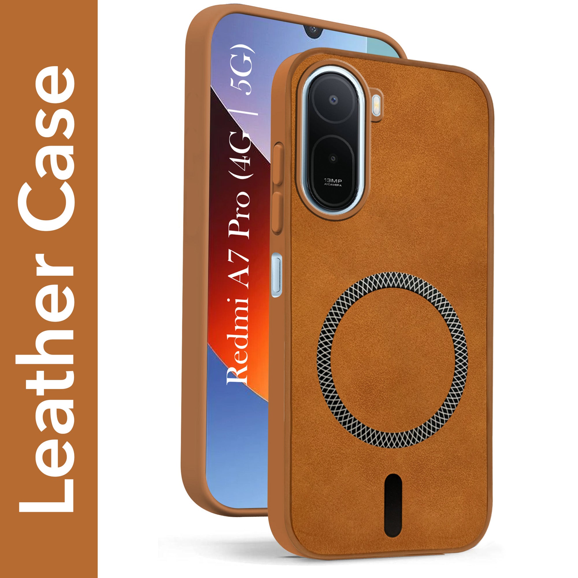 For Redmi A7 Pro 5G Back Cover Case Leather Finish (MagSafe Compatible Wireless Charging | Soft Touch | Camera Bump Protection)