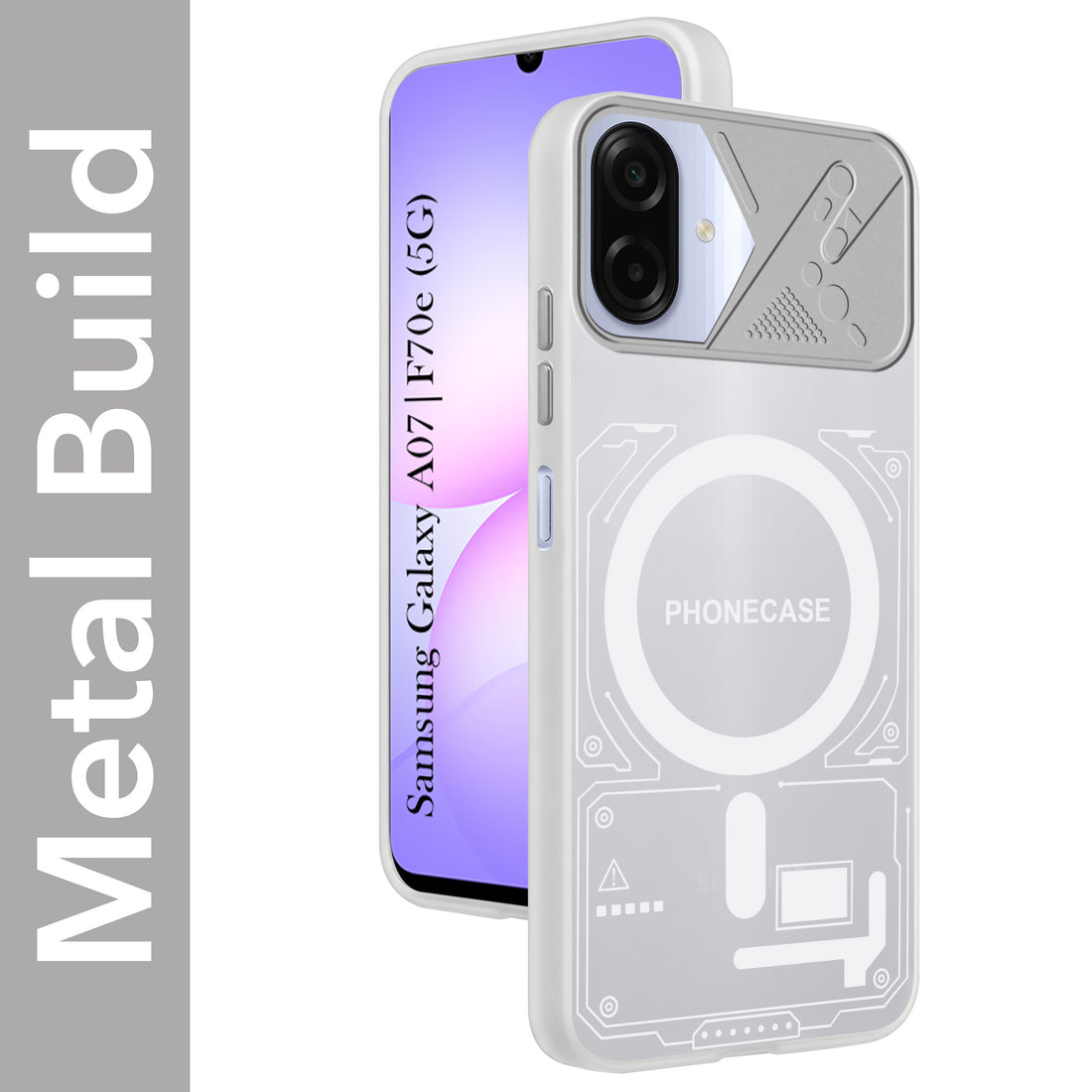 For Samsung Galaxy A07 5G | F70e 5G Metallic Back Cover Case (Metallic Camera Protection & Buttons | Translucent Milky Shade | Hard Polycarbonate)