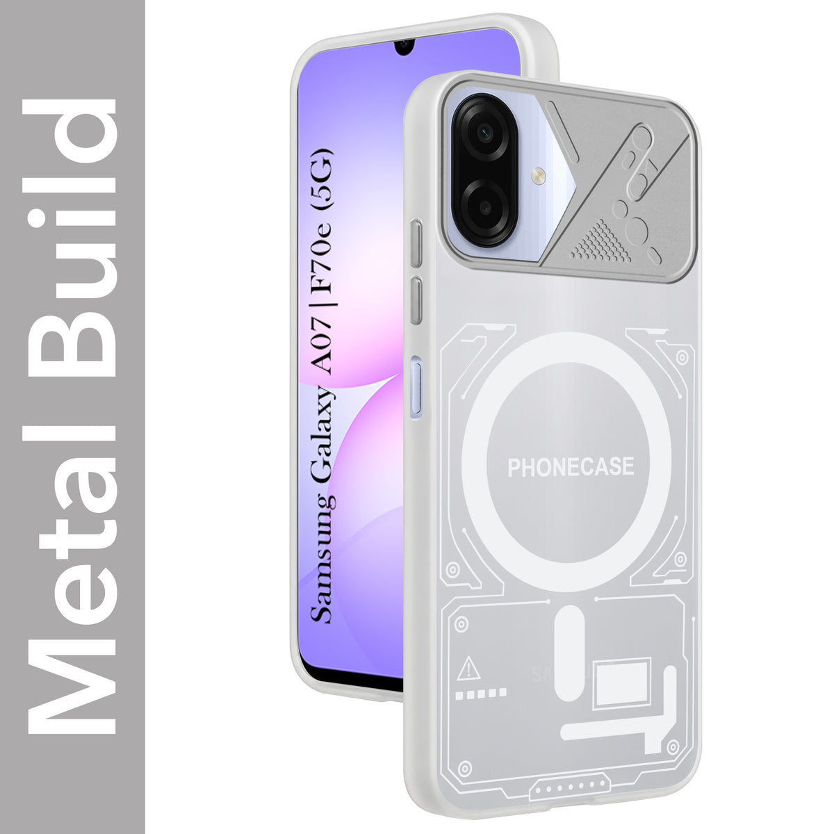 For Samsung Galaxy A07 5G | F70e 5G Metallic Back Cover Case (Metallic Camera Protection & Buttons | Translucent Milky Shade | Hard Polycarbonate)