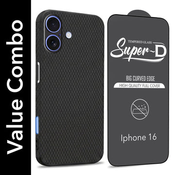 For Apple iPhone 16 Combo with Back Cover and 9H Tempered Glass (Liquid Silicone | Camera Protection | Oleophobic Coating Screen Glass)