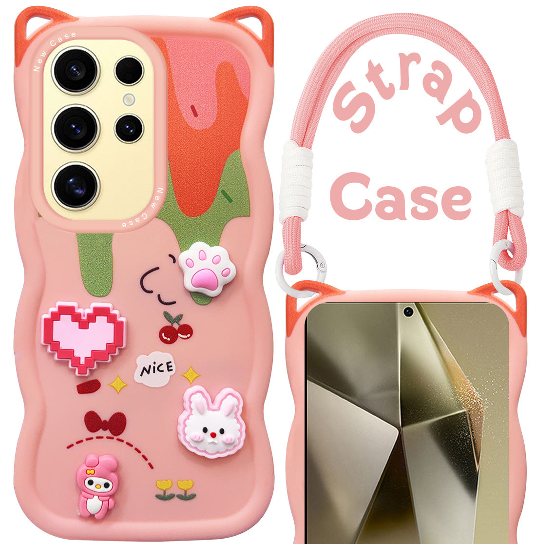 For Samsung Galaxy S24 Ultra Back Case Cover Strap (3D embossed Figures | Strap Holder | 360* Soft Cushion with Camera Bump)