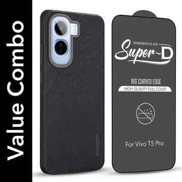 For Vivo T5 Pro 5G Combo (Textured Grip Design | Micro-Fiber Cloth Inside | Oleophobic Coating Screen Glass)