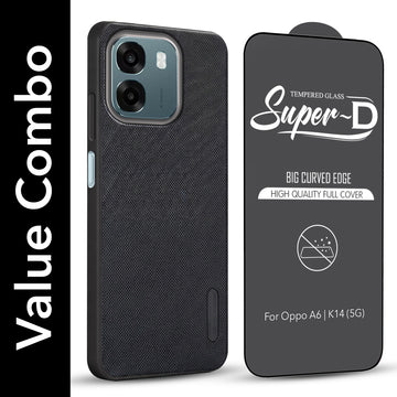 For Oppo A6 & Oppo K14 Combo (Textured Grip Design | Micro-Fiber Cloth Inside | Oleophobic Coating Screen Glass)