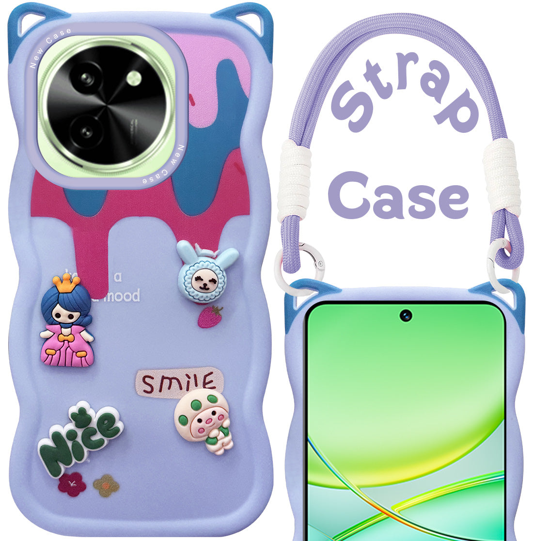 For Vivo T3X 5G Back Case Cover Strap (3D Embossed Figures | Strap Holder | 360* Soft Cushion with Camera Bump)