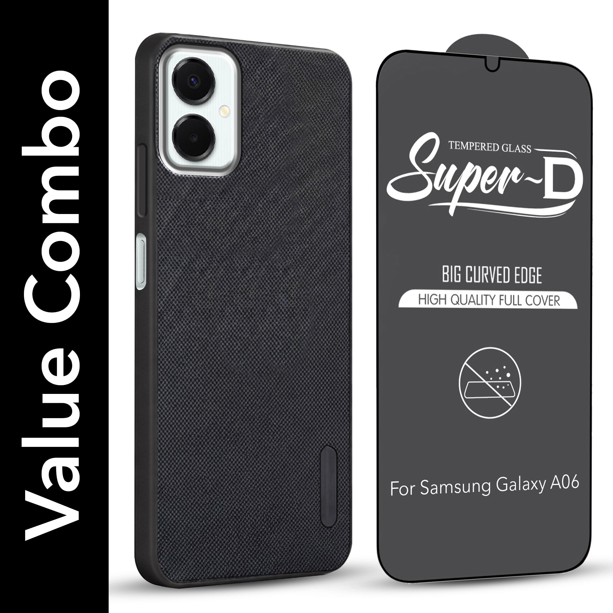 For Samsung Galaxy A06 Combo with Back Cover and 9H Tempered Glass (Textured Grip Design | Micro-Fiber Cloth Inside | Oleophobic Coating Screen Glass)