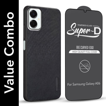 For Samsung Galaxy A06 Combo with Back Cover and 9H Tempered Glass (Textured Grip Design | Micro-Fiber Cloth Inside | Oleophobic Coating Screen Glass)