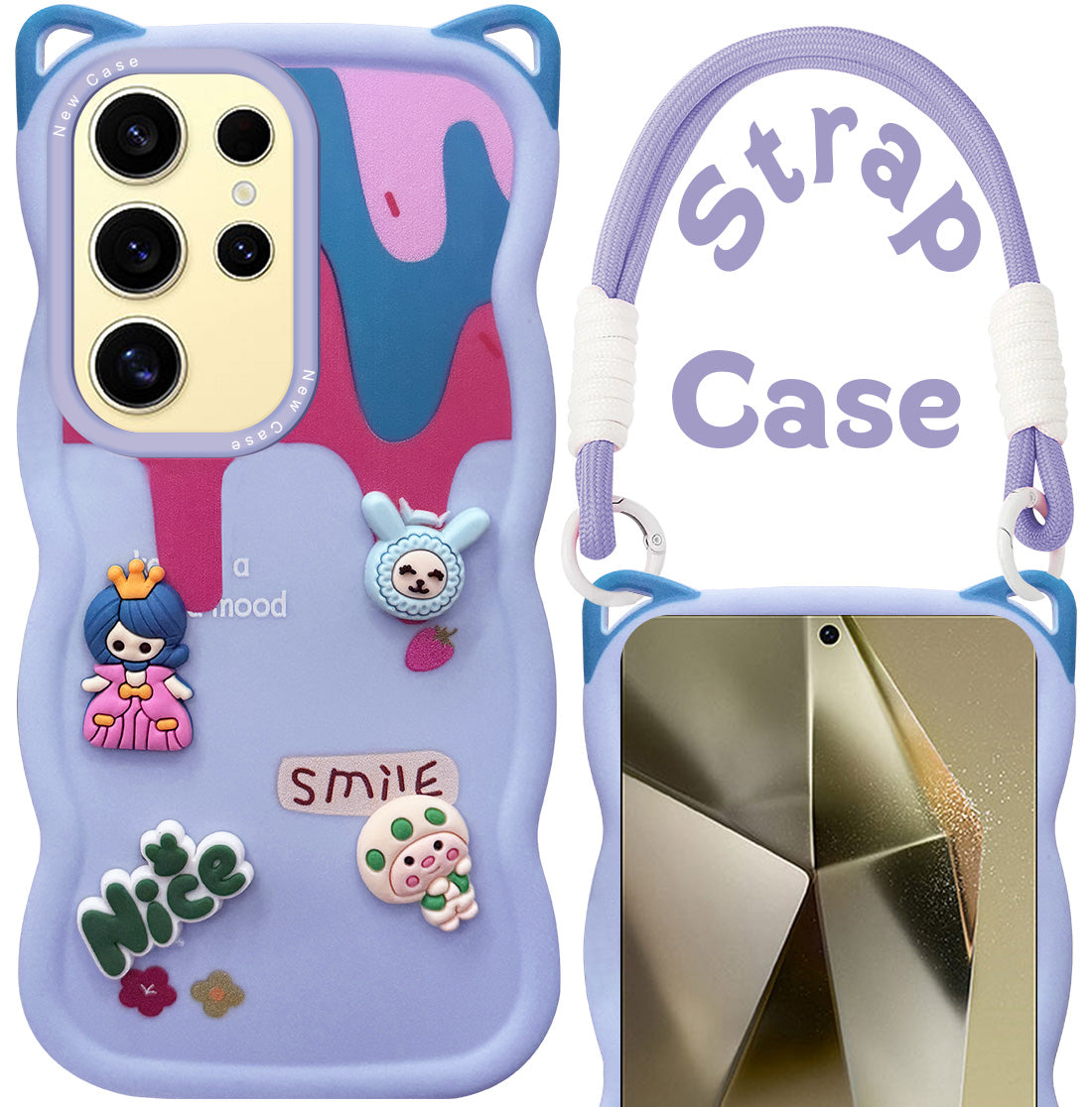 For Samsung Galaxy S24 Ultra Back Case Cover Strap (3D embossed Figures | Strap Holder | 360* Soft Cushion with Camera Bump)