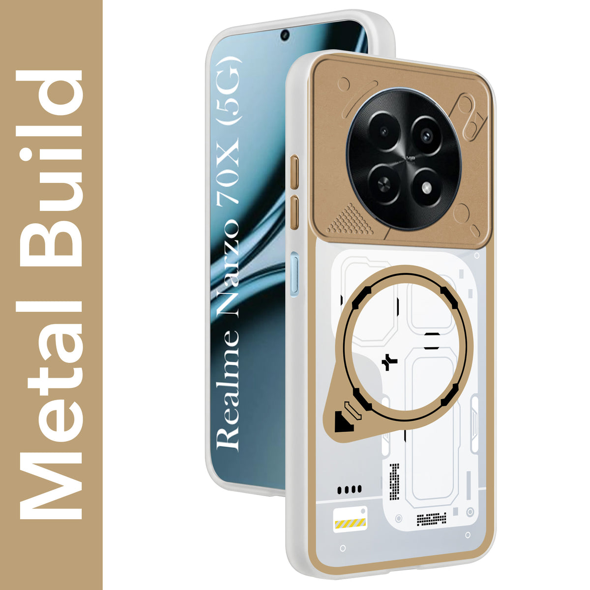 For Realme Narzo 70x 5G Metallic Back Cover Case (Metallic Camera Protection & Buttons | Translucent Milky Shade | Hard Polycarbonate)