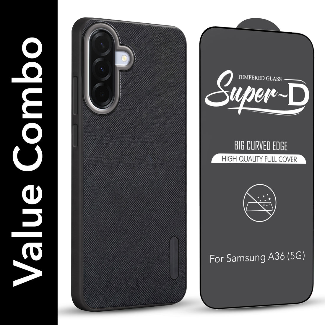 For Samsung Galaxy A36 5G Combo with Back Cover and 9H Tempered Glass (Textured Grip Design | Micro-Fiber Cloth Inside | Oleophobic Coating Screen Glass)