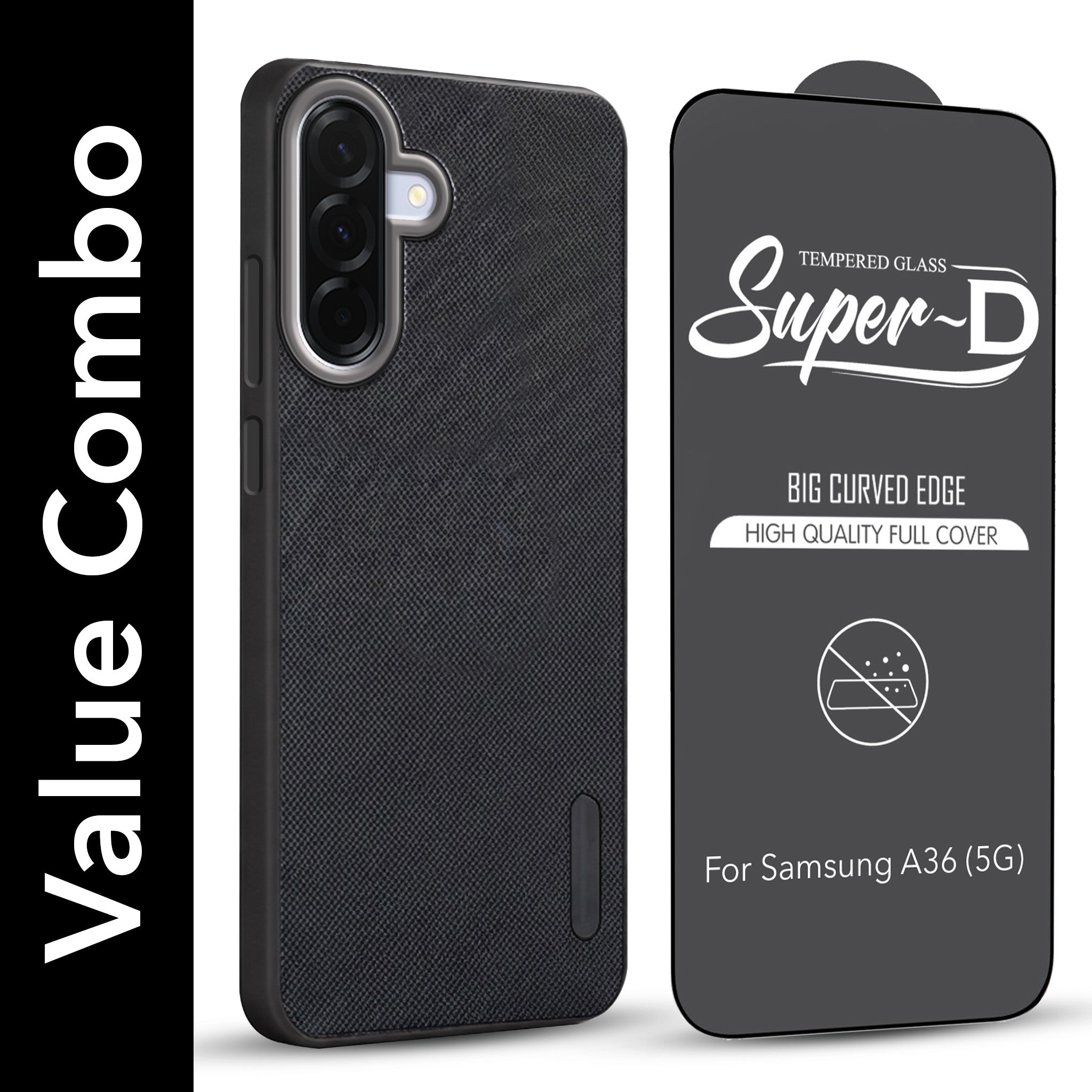 For Samsung Galaxy A36 5G Combo with Back Cover and 9H Tempered Glass (Textured Grip Design | Micro-Fiber Cloth Inside | Oleophobic Coating Screen Glass)