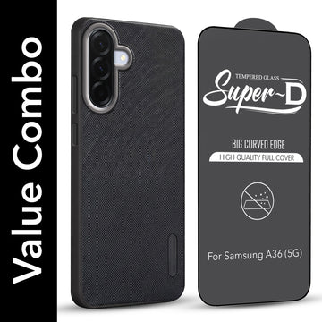 For Samsung Galaxy A36 5G Combo with Back Cover and 9H Tempered Glass (Textured Grip Design | Micro-Fiber Cloth Inside | Oleophobic Coating Screen Glass)