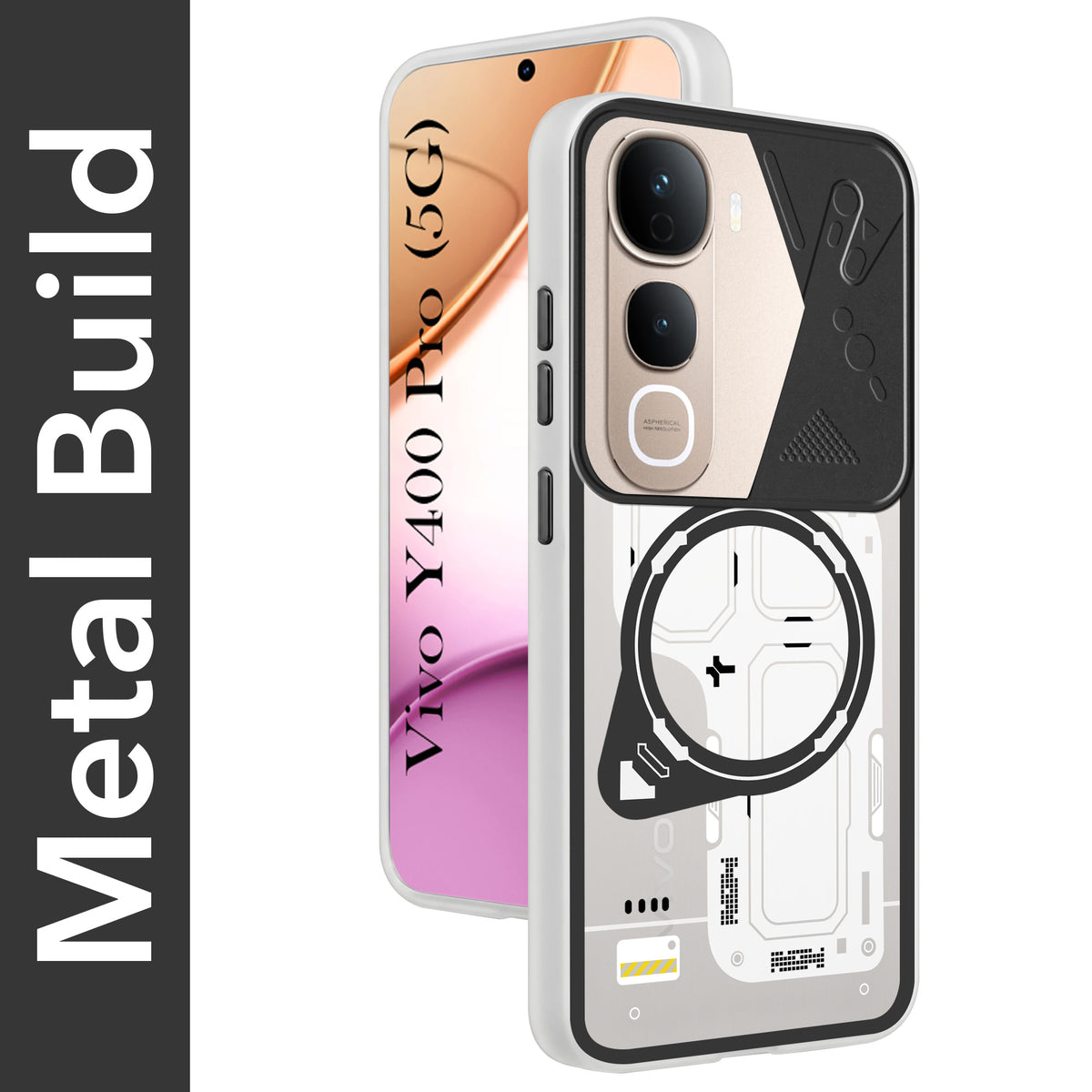 For Vivo Y400 Pro Metallic Back Cover Case (Metallic Camera Protection & Buttons | Translucent Milky Shade | Hard Polycarbonate)