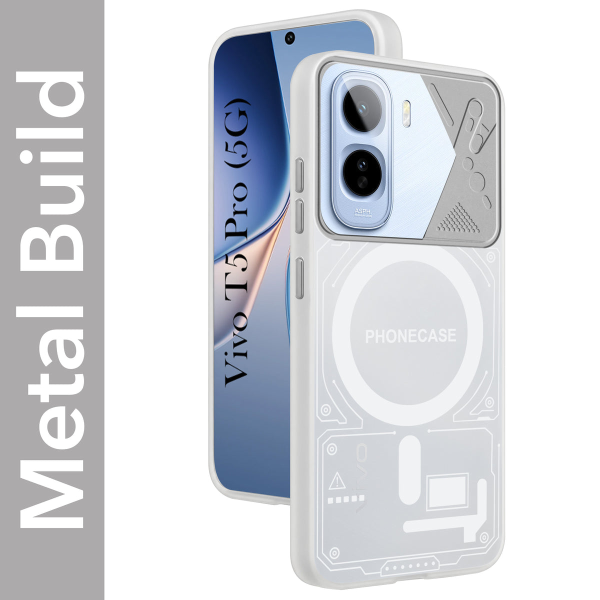 For Vivo T5 Pro 5G Metallic Back Cover Case (Metallic Camera Protection & Buttons | Translucent Milky Shade | Hard Polycarbonate)