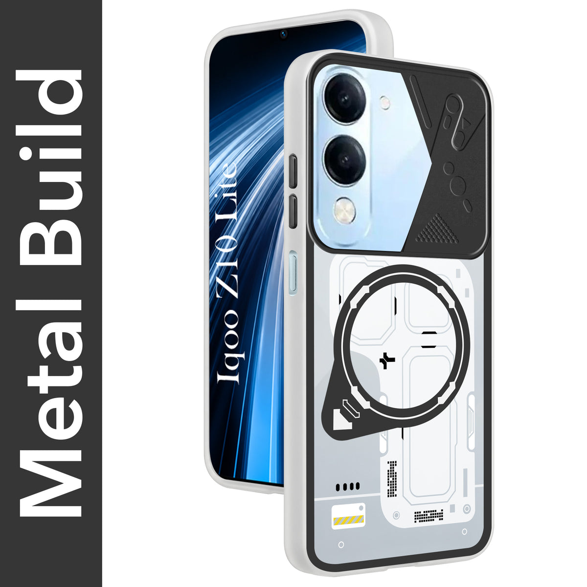 For Vivo iQOO Z10 Lite Metallic Back Cover Case (Metallic Camera Protection & Buttons | Translucent Milky Shade | Hard Polycarbonate)