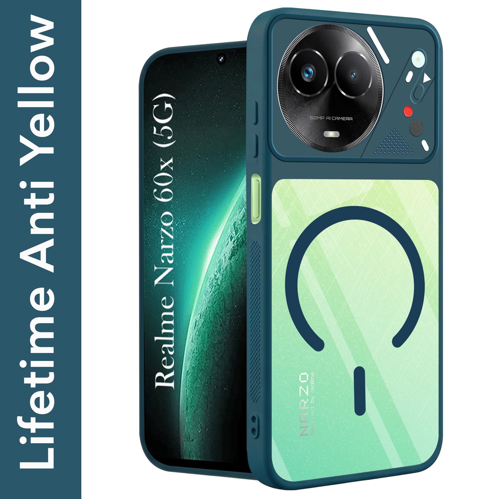 For Realme Narzo 60x Back Cover Case Lifetime Anti-Yellow Clear (Camera Protection | Side Grip | Wireless MagSafe Compatible)