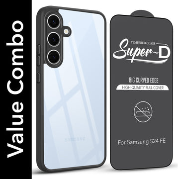 For Samsung Galaxy S24 FE Combo with Back Cover and 9H Tempered Glass (Lifetime Anti-Yellow | Crystal Clear Shockproof | Oleophobic Coating Screen Glass)