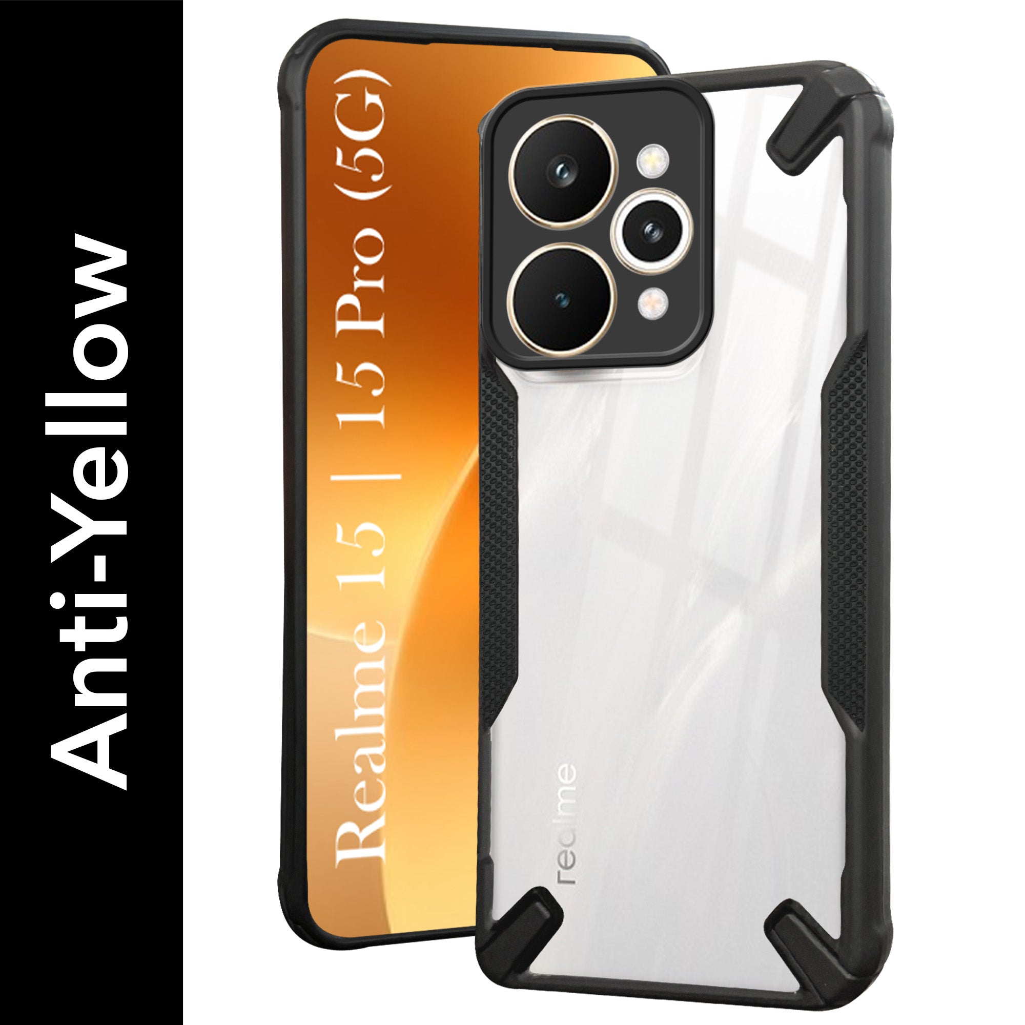 For Realme 15 / Realme 15 Pro Back Cover Case (Hybrid Crystal | Ultimate Shockproof Bumpers | Anti Yellow | Rugged Armor | Black )