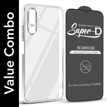For Samsung Galaxy M36 | Samsung Galaxy F36 Combo with Back Cover and 9H Tempered Glass (Lifetime Anti-Yellow | Sleek Hard Crystal | Oleophobic Coating Screen Glass)
