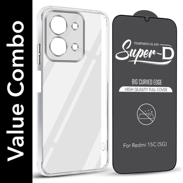 For Redmi 15C Combo with Back Cover and 9H Tempered Glass (Lifetime Anti-Yellow | Sleek Hard Crystal | Oleophobic Coating Screen Glass)