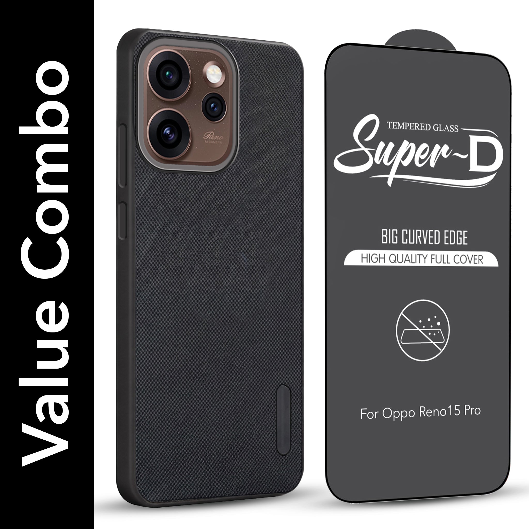 For Oppo Reno15 Pro 5G | Oppo Reno 15 Pro 5G Combo with Back Cover and 9H Tempered Glass (Textured Grip Design | Micro-Fiber Cloth Inside | Oleophobic Coating Screen Glass)