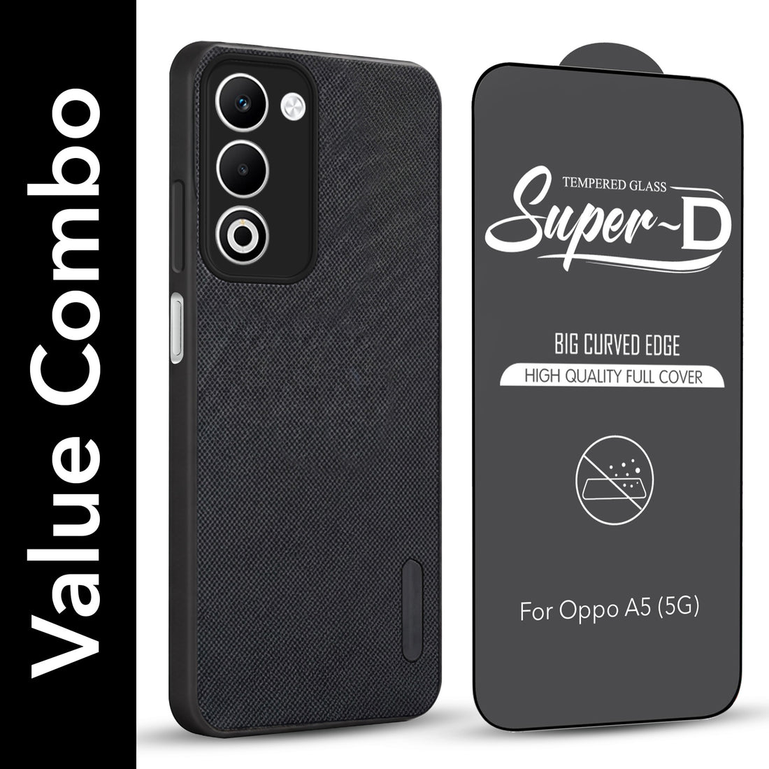 For Oppo A5 5G Combo (Textured Grip Design | Micro-Fiber Cloth Inside | Oleophobic Coating Screen Glass)