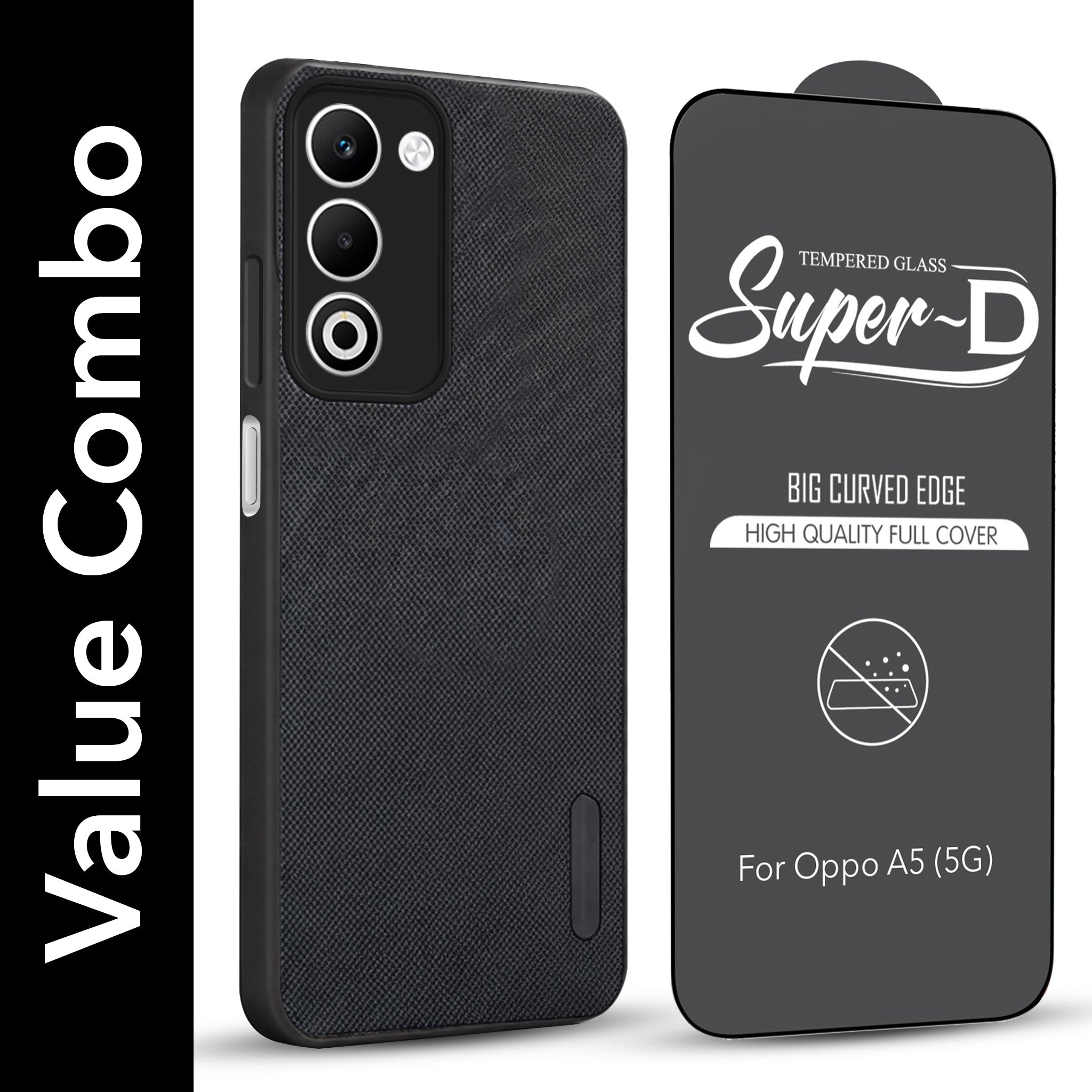 For Oppo A5 5G Combo (Textured Grip Design | Micro-Fiber Cloth Inside | Oleophobic Coating Screen Glass)
