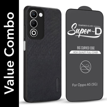For Oppo A5 5G Combo (Textured Grip Design | Micro-Fiber Cloth Inside | Oleophobic Coating Screen Glass)