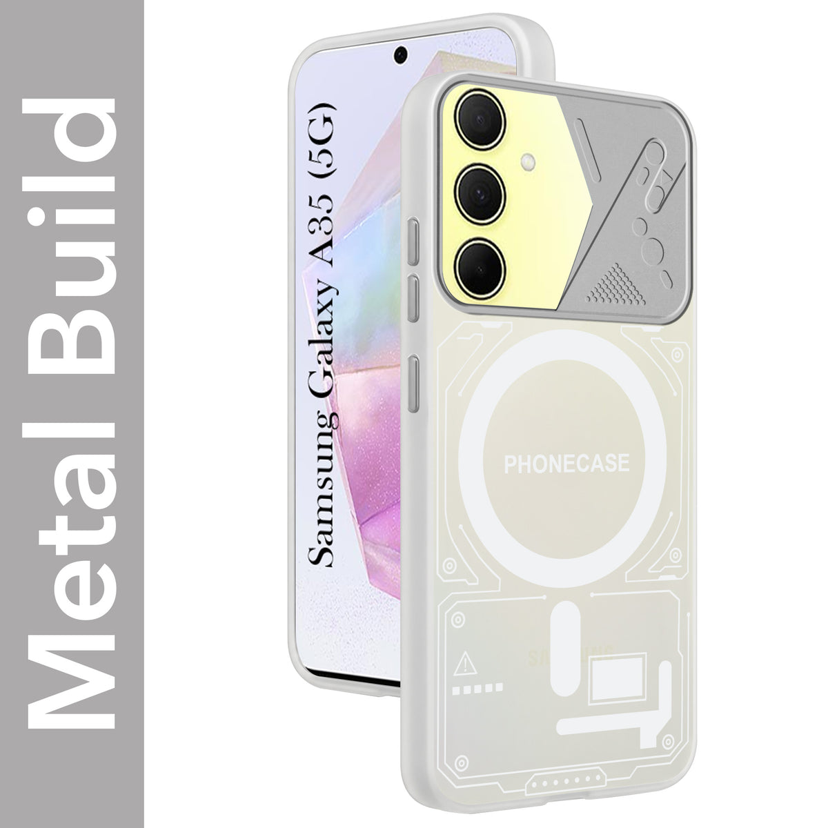 For Samsung Galaxy A35 5G Metallic Back Cover Case (Metallic Camera Protection & Buttons | Translucent Milky Shade | Hard Polycarbonate)