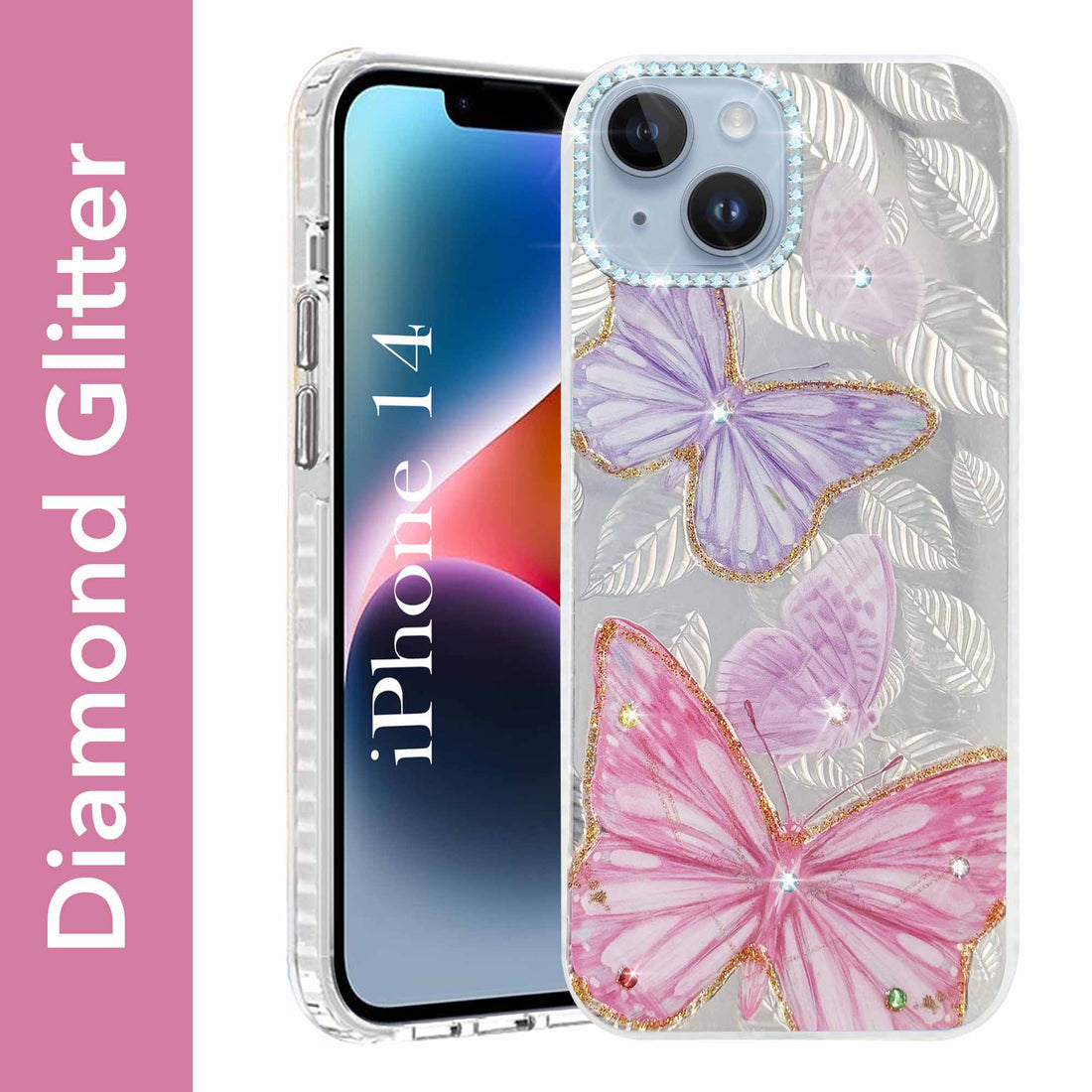 For Apple iPhone 14 Back Cover Case (Luxury Floral Glitter Cute Butterfly | Diamond Studded Camera Bump | Girls & Women Design)