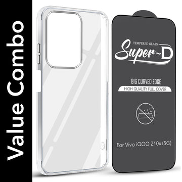 For Vivo iQOO Z10x Combo with Back Cover and 9H Tempered Glass (Lifetime Anti-Yellow | Sleek Hard Crystal | Oleophobic Coating Screen Glass)