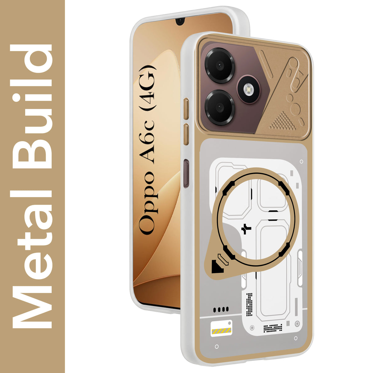 For Oppo A6c 4G Metallic Back Cover Case (Metallic Camera Protection & Buttons | Translucent Milky Shade | Hard Polycarbonate)
