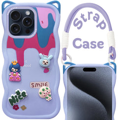 For Apple iPhone 15 Pro Back Case Cover Strap(3D Embossed Figures | Strap Holder | 360* Soft Cushion with Camera Bump)