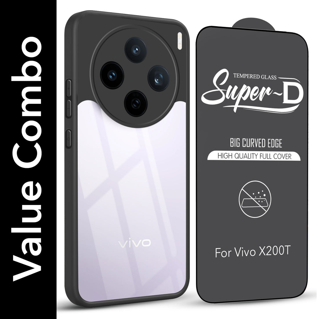 For Vivo X200T Combo with Back Cover and 9H Tempered Glass (Lifetime Anti-Yellow | Crystal Clear Shockproof | Oleophobic Coating Screen Glass)