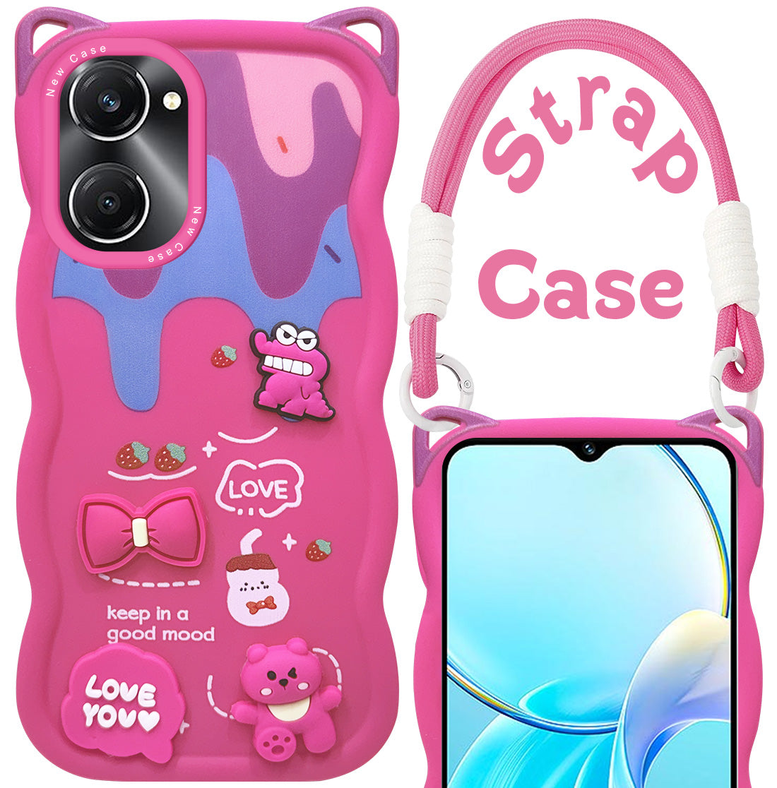 For Vivo T3 Lite 5G | Vivo Y28s 5G Back Case Cover Strap (3D embossed Figures | Strap Holder | 360* Soft Cushion with Camera Bump)